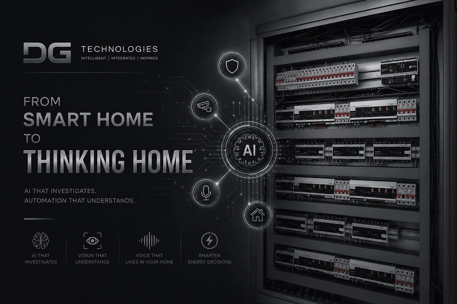 DG Technologies AI smart home automation concept with lighting control panels and intelligent system icons