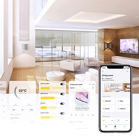 Crestron Home app shown as the control layer for a professional smart home automation system