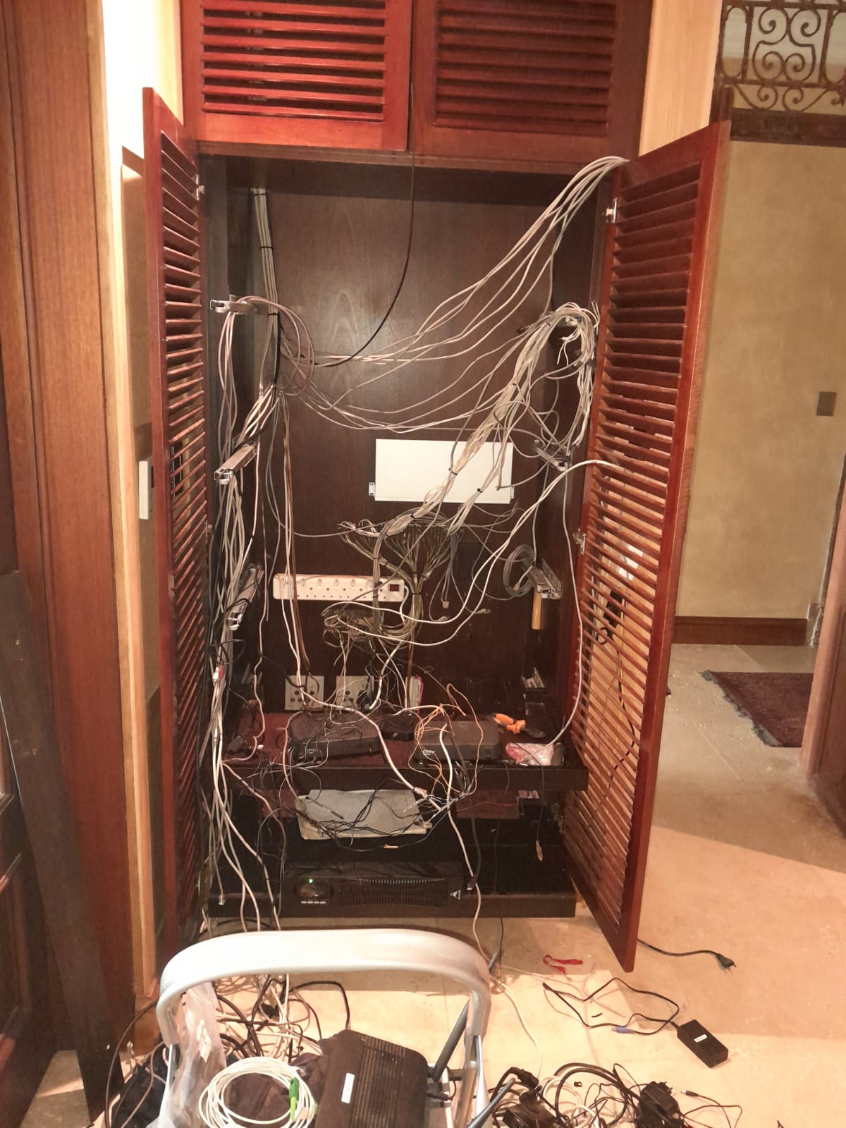 Old AV cabinet before cleanup and recommissioning